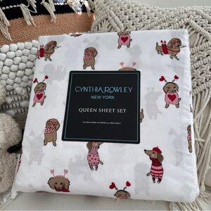 Cynthia Rowley Queen Sheet Set - White with Pink and Brown dachshund Design